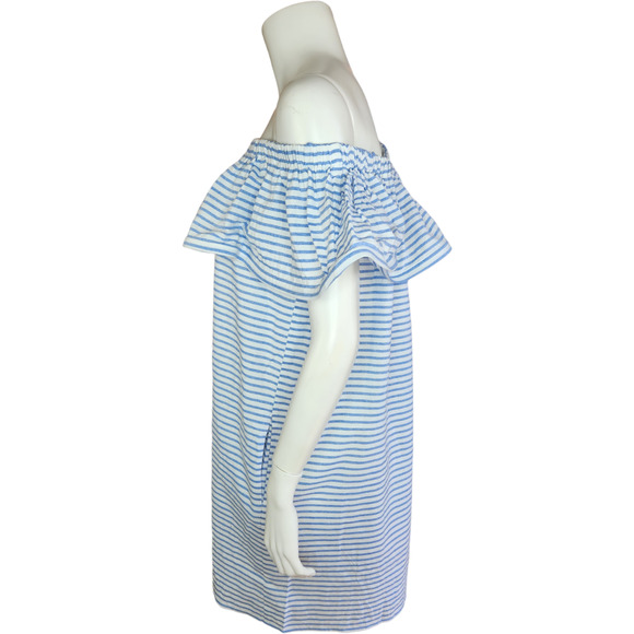 Revolve Line & Dot Dress Womens Large Lea‎ Blue White Stripe Off Shoulder Ruffle - Picture 6 of 15